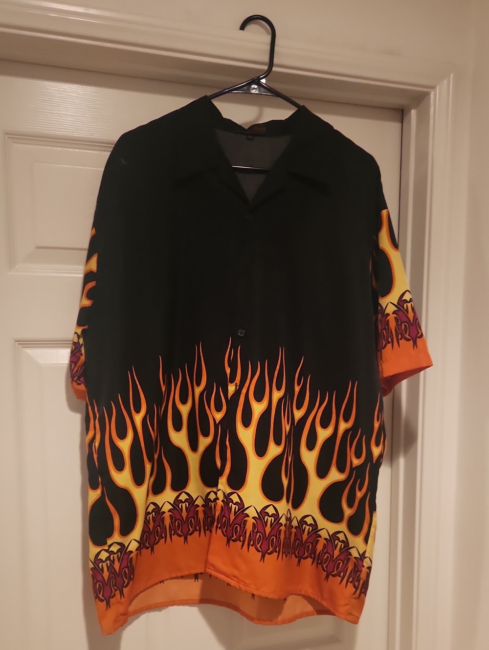 Men's Black Casual Button-Down Shirt with Orange Flame Print